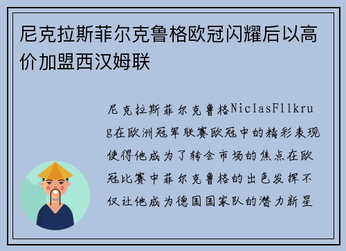 尼克拉斯菲尔克鲁格欧冠闪耀后以高价加盟西汉姆联