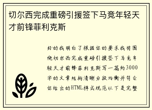 切尔西完成重磅引援签下马竞年轻天才前锋菲利克斯