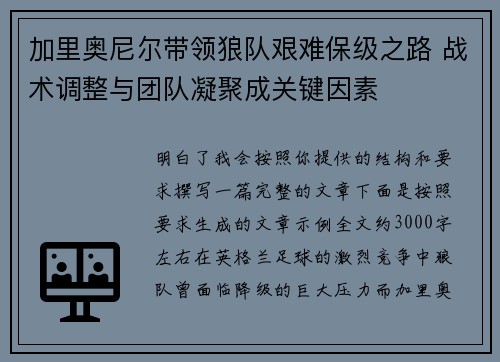 加里奥尼尔带领狼队艰难保级之路 战术调整与团队凝聚成关键因素