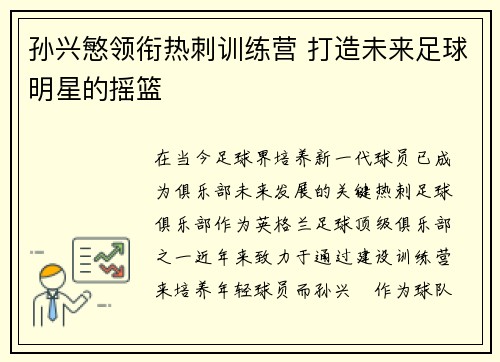 孙兴慜领衔热刺训练营 打造未来足球明星的摇篮
